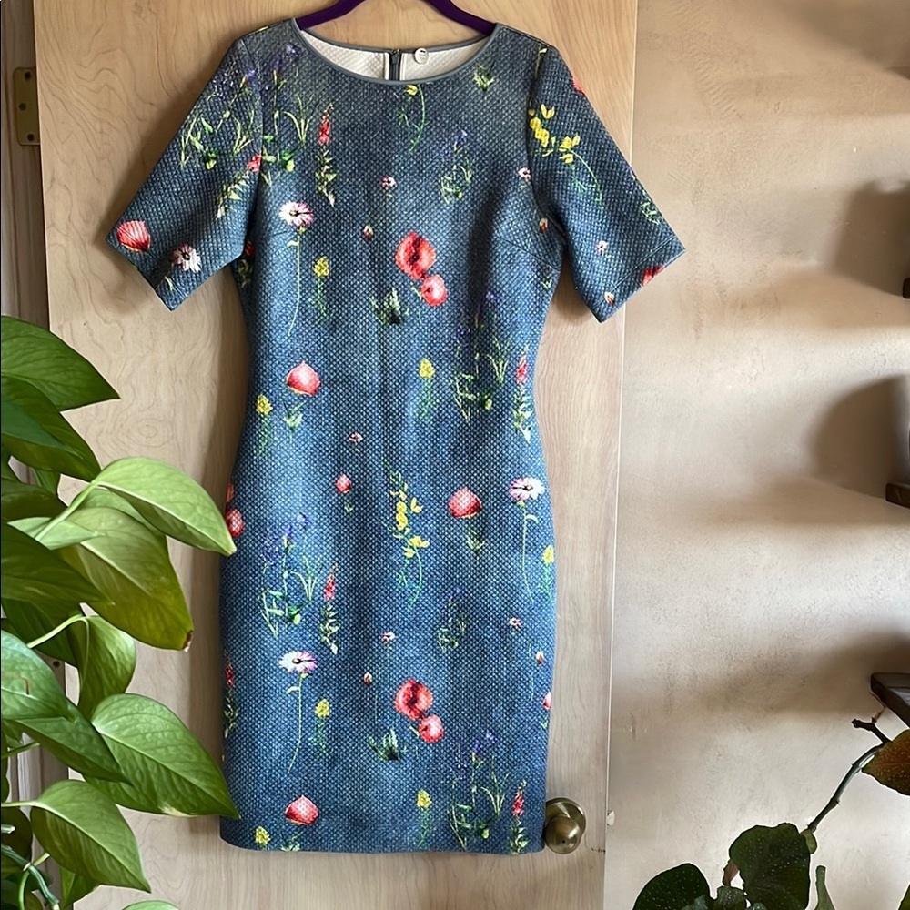 Margaret O’Leary Dress Blue Floral Quilt Textured Sheath Dress Women’s 8(M)